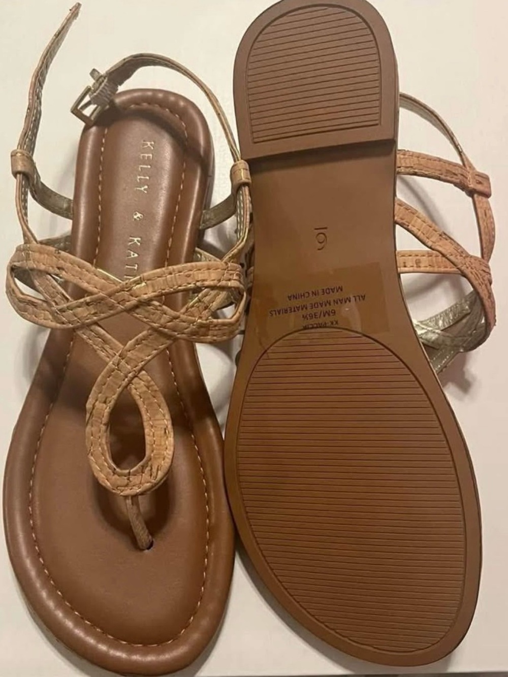 Kelly & Katie Tan Braided Strappy Thong Sandals with Metallic Straps